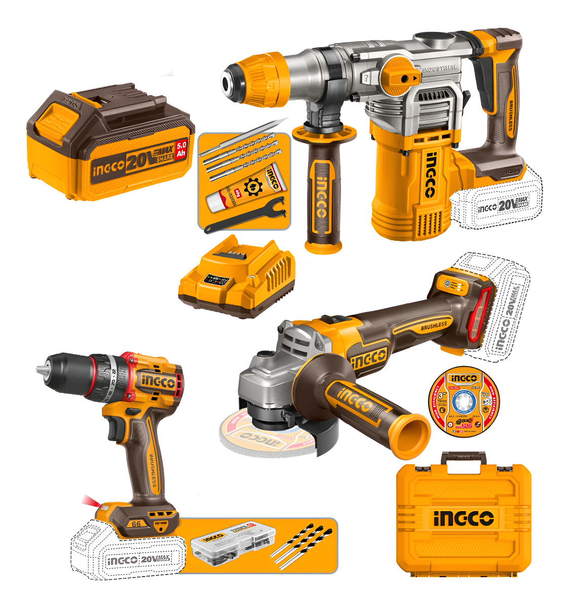 Kit Amoladora + Roto Taladro + Ator. Perc. Ingco Cosli241183