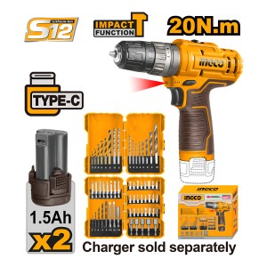 Atornillador Percutor + Mechas + Puntas + Ingco Cosli23114