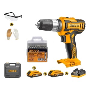 Taladro Atornillador 20v Ingco 2 Bat + Valija + Set 20 Pts