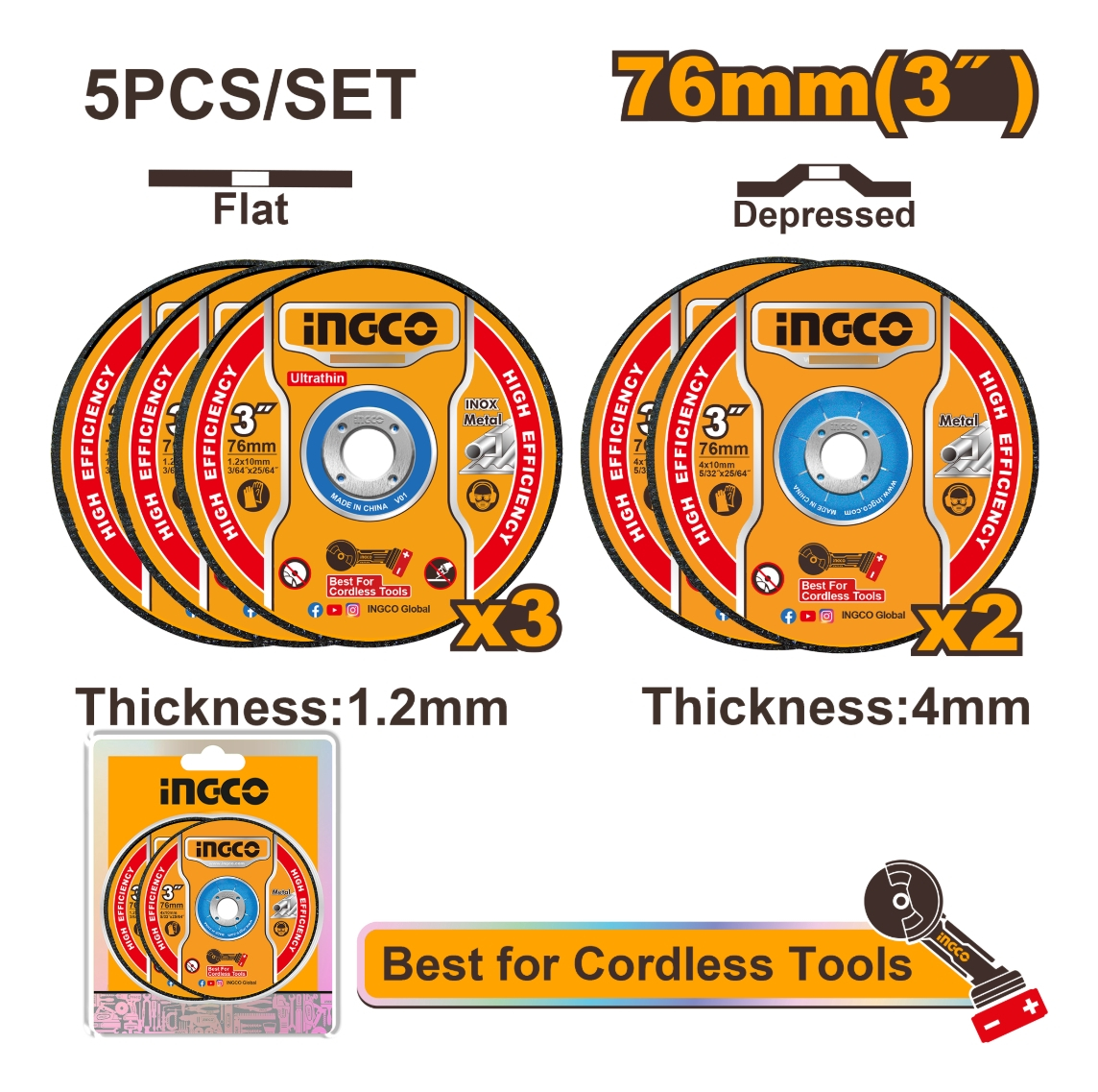 Set 5 Discos Abrasivos Corte Desbaste Metal Ingco Mcd303768 - Imagen 2