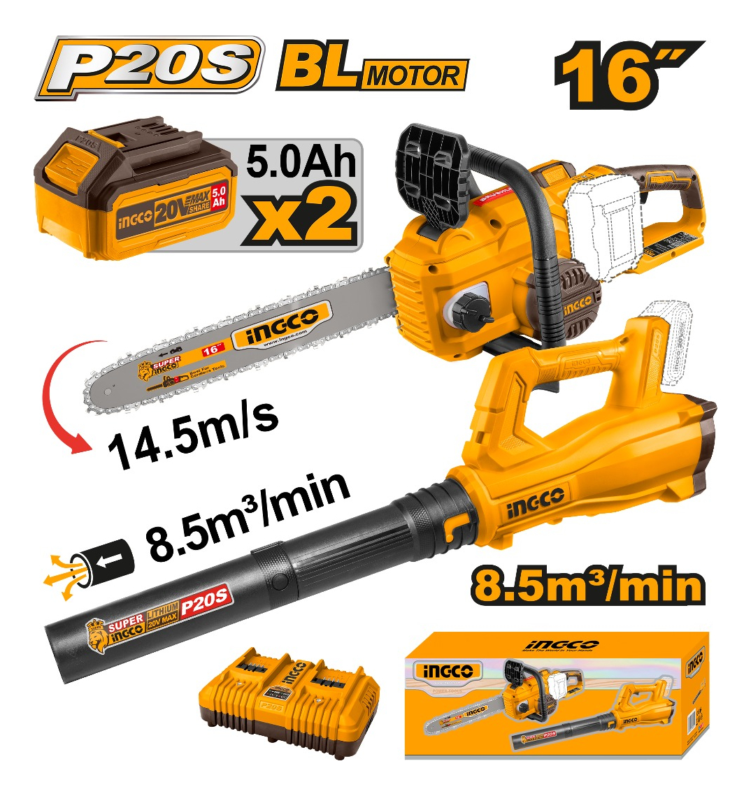 Kit Motosierra + Soplador + 2 Bat 5.0ah Cosli240463 Ingco - Imagen 3