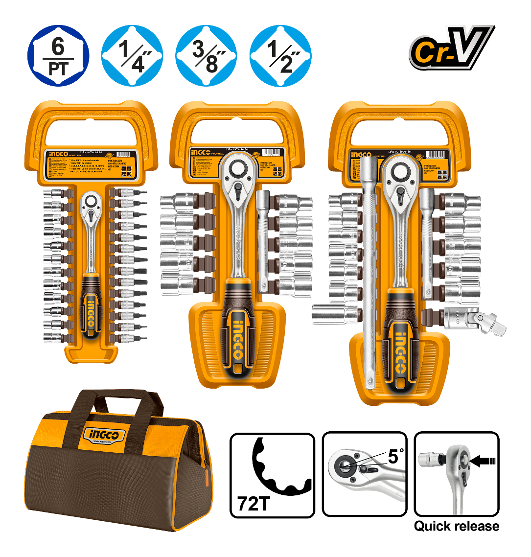Set 57 Piezas Crique Dados 1/4 3/8 1/2 Bolso Ingco Cos23092 - Imagen 2
