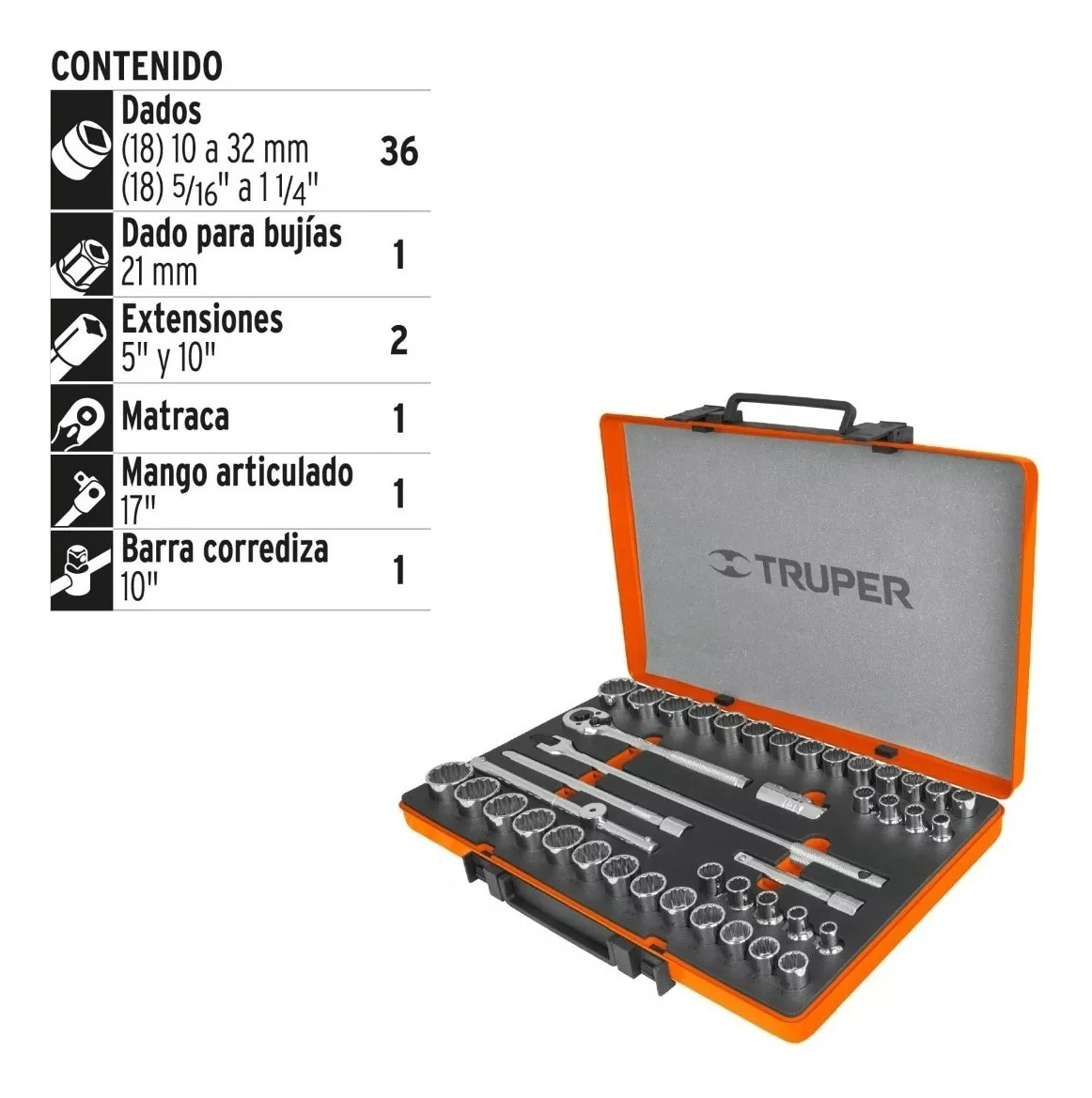 Juego De Dados 42 Piezas Truper 1/2'' Cromovanadio Valija - Imagen 2