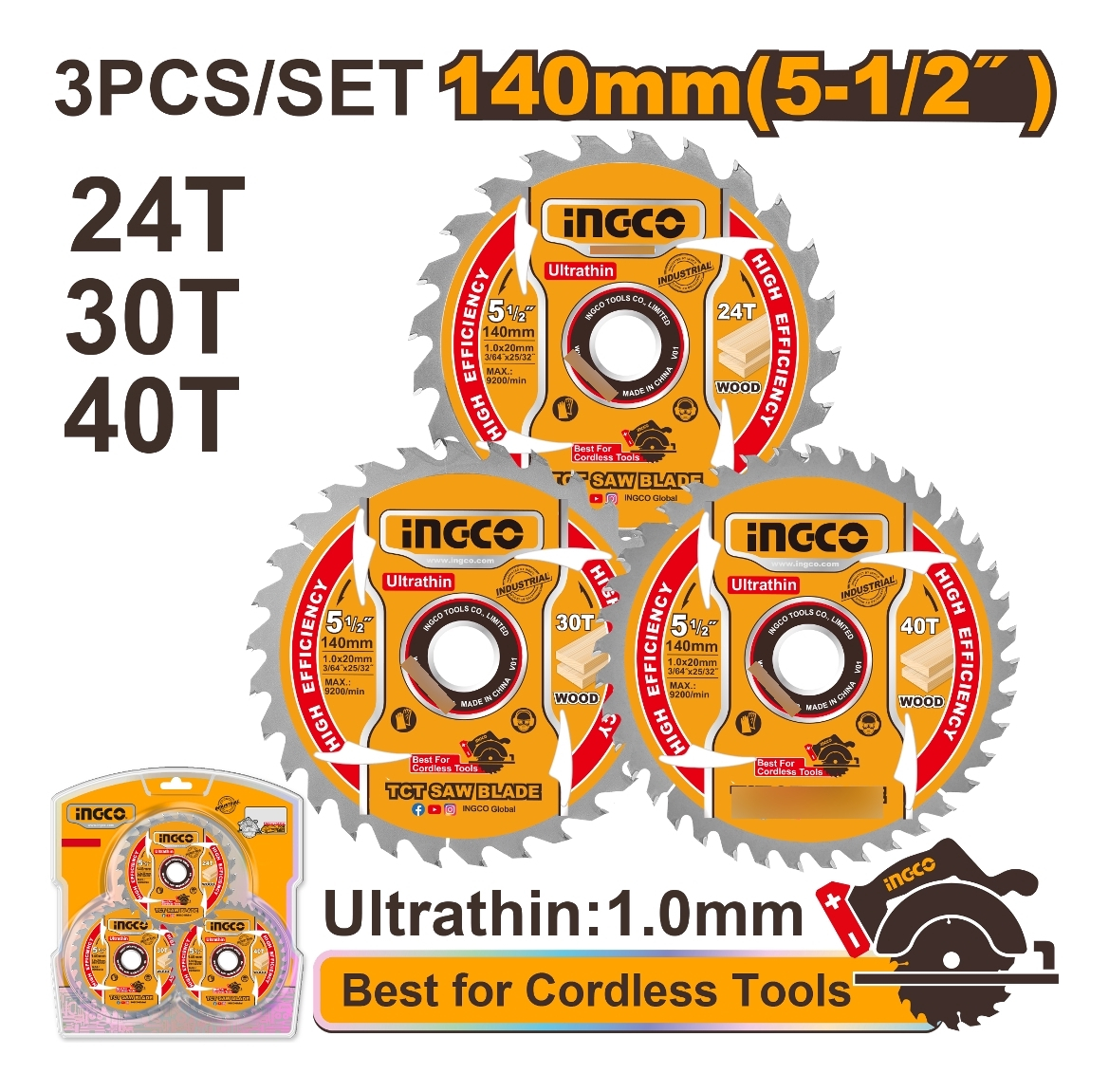 Set X3 Discos Sierra Circular 140mm 5 1/2 Tsb4003 Ingco - Imagen 2