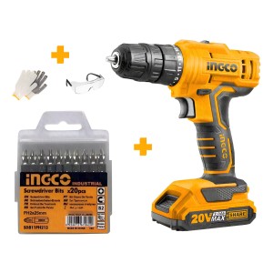 Taladro Atornillador Inalámbrico 20v + Set 20 Puntas Ingco