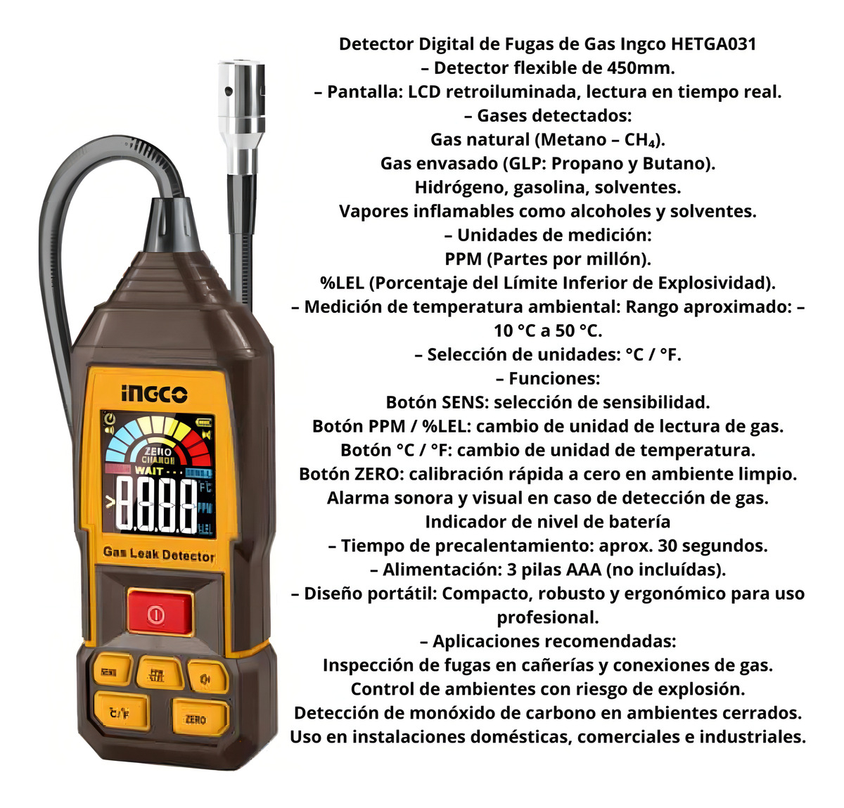 Medidor De Gas 0-9999ppm Para Gas Combustible Ingco Hetga031 - Imagen 3
