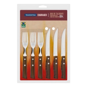 Juego De Cubiertos Para Asado Con Láminas De Acero Inoxidable Y Mangos De Madera Natural 12 Piezas Tramontina Churrasco Marrón
