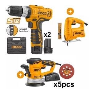 Kit Carpintero Taladro Bat + Lijadora + Caladora Ingco