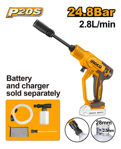 Hidrolavadora 20v 24.8bar 2.8l/m S/bat/carg Ingco Cpwli2036 - Imagen 2