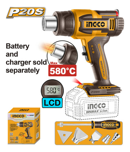 Pistola Calor 20v 580°c Con Accesorios Ingco Hgli2058 - Imagen 2