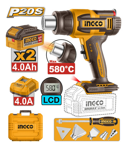 Pistola Calor 580°c Accesorios + Valija Hgli20582 Ingco - Imagen 2