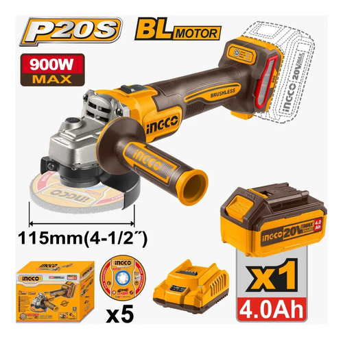 Amoladora Angular Brushless + Acces Ingco 115mm Cagli261521 - Imagen 2